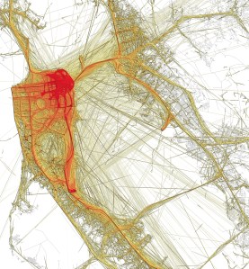 This figure reflects the trails of 528 taxis in San Francisco, based on one month data.
